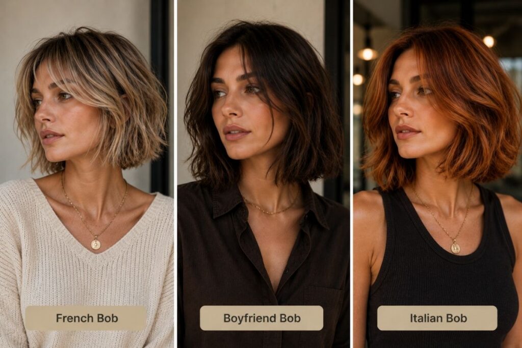 Três exemplos de corte Bob descontraído tendência Outono/Inverno 2026