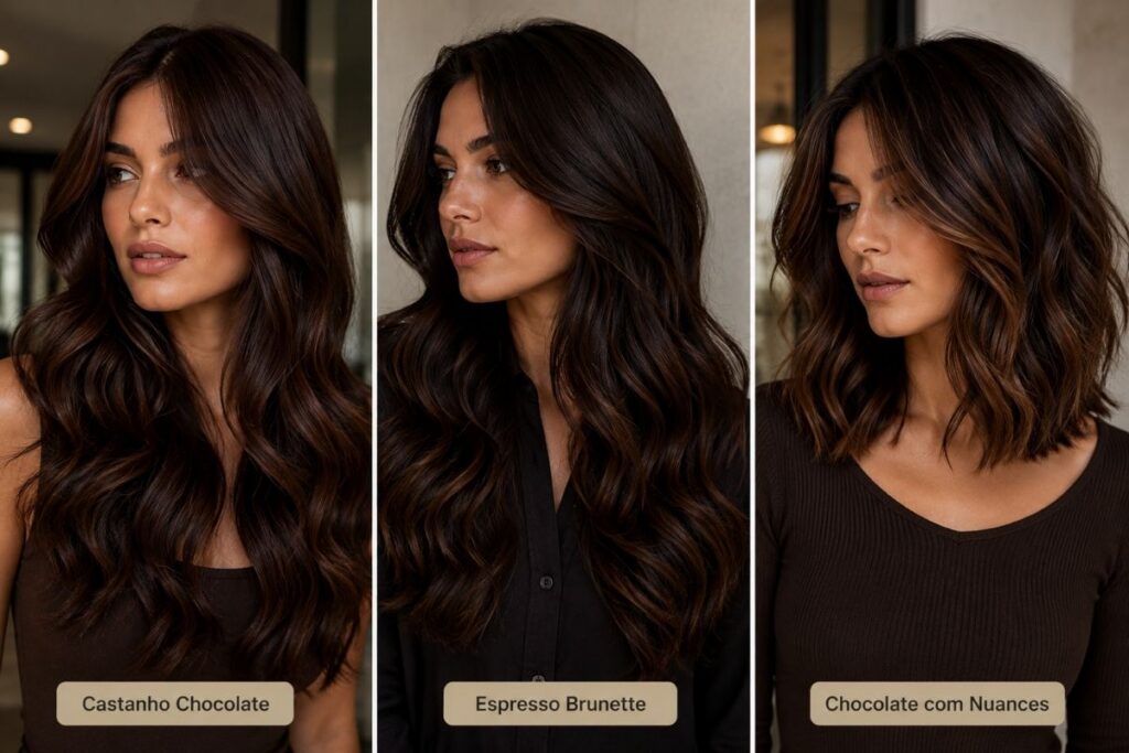 Exemplos de cabelo Castanho Chocolate e Espresso tendência Outono/Inverno 2026