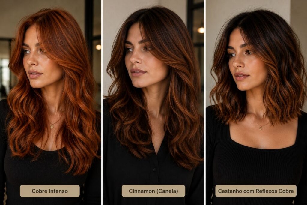 Exemplos de cabelo Cobre, Cinnamon e reflexos acobreados para o Outono/Inverno 2026