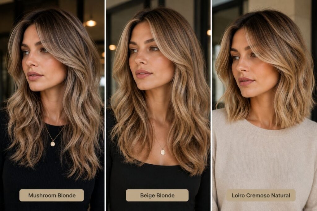 Exemplos de Mushroom Blonde, Beige Blonde e loiro natural para o Outono/Inverno 2026